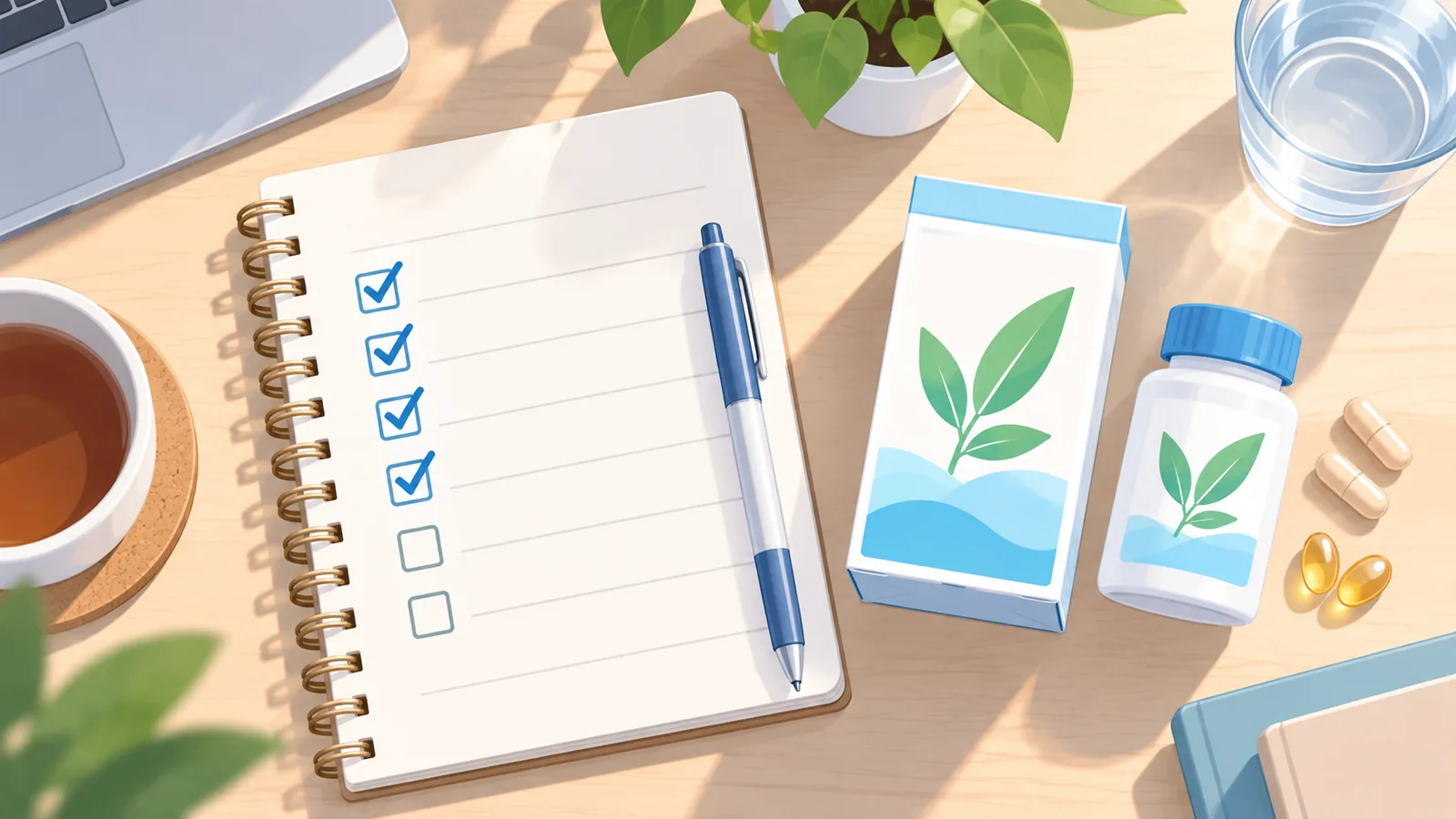 Taccuino con checklist e penna accanto a una confezione di integratore
