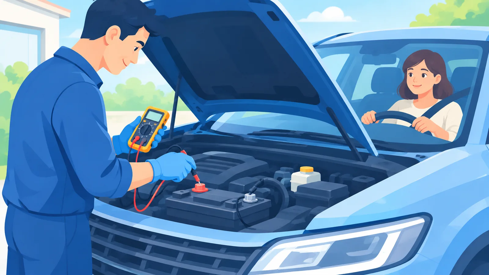 二人でエンジン始動時の電圧を確認している場面
