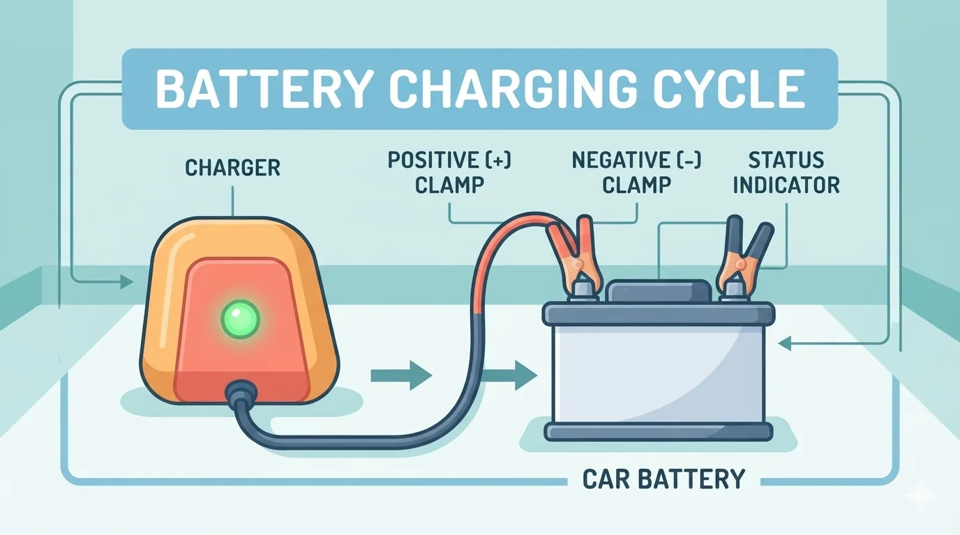 充電器をつないで充電しているカーバッテリー