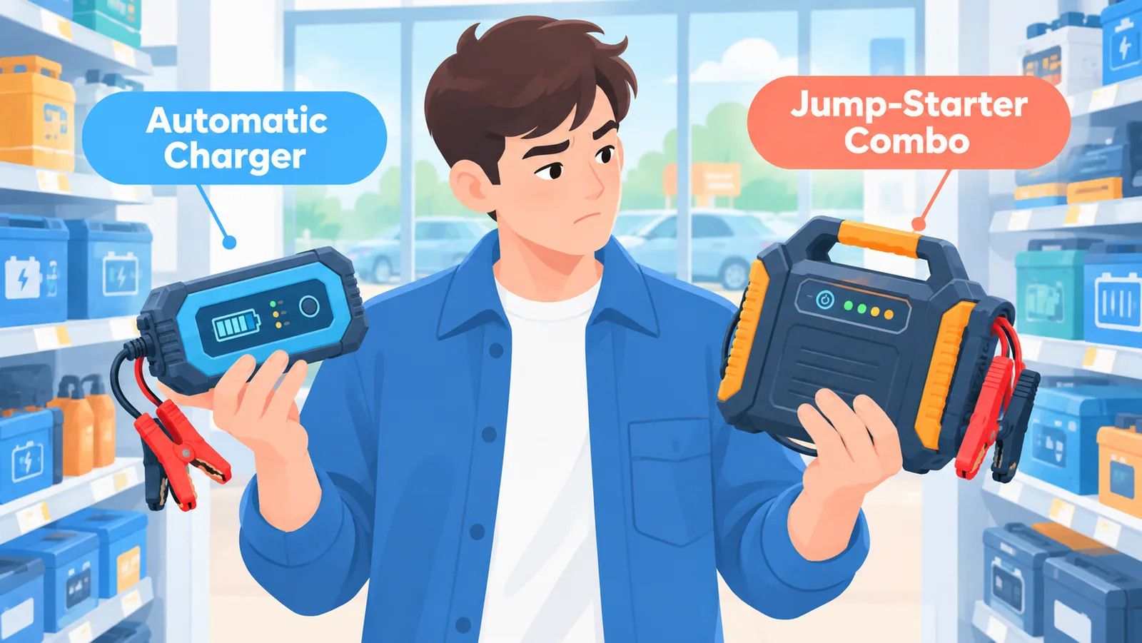 充電器の比較検討をする人物