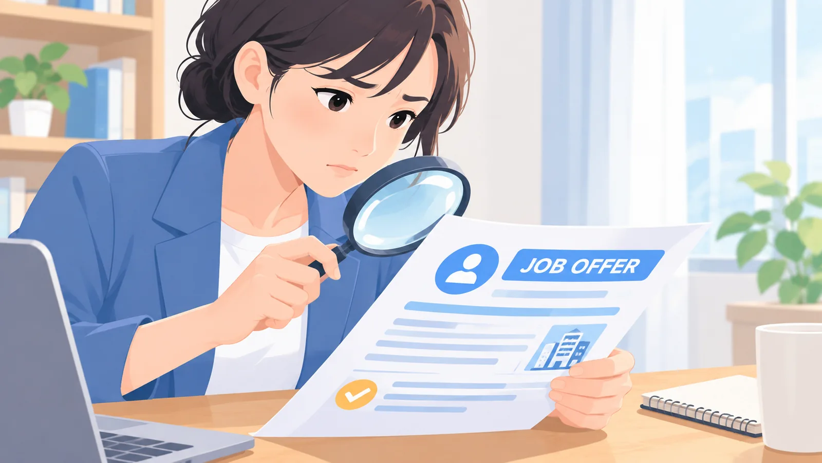 求人票を慎重に確認する様子