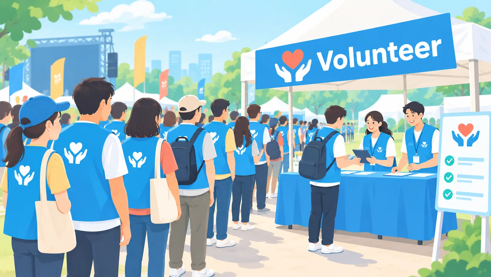 お揃いのベストを着たボランティアが受付テントに並ぶ屋外イベントの様子