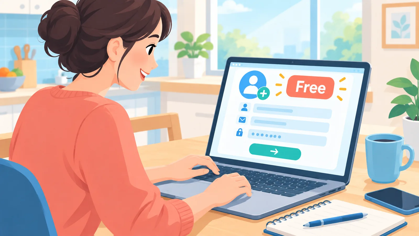 自宅で無料の募集フォームを作成する女性