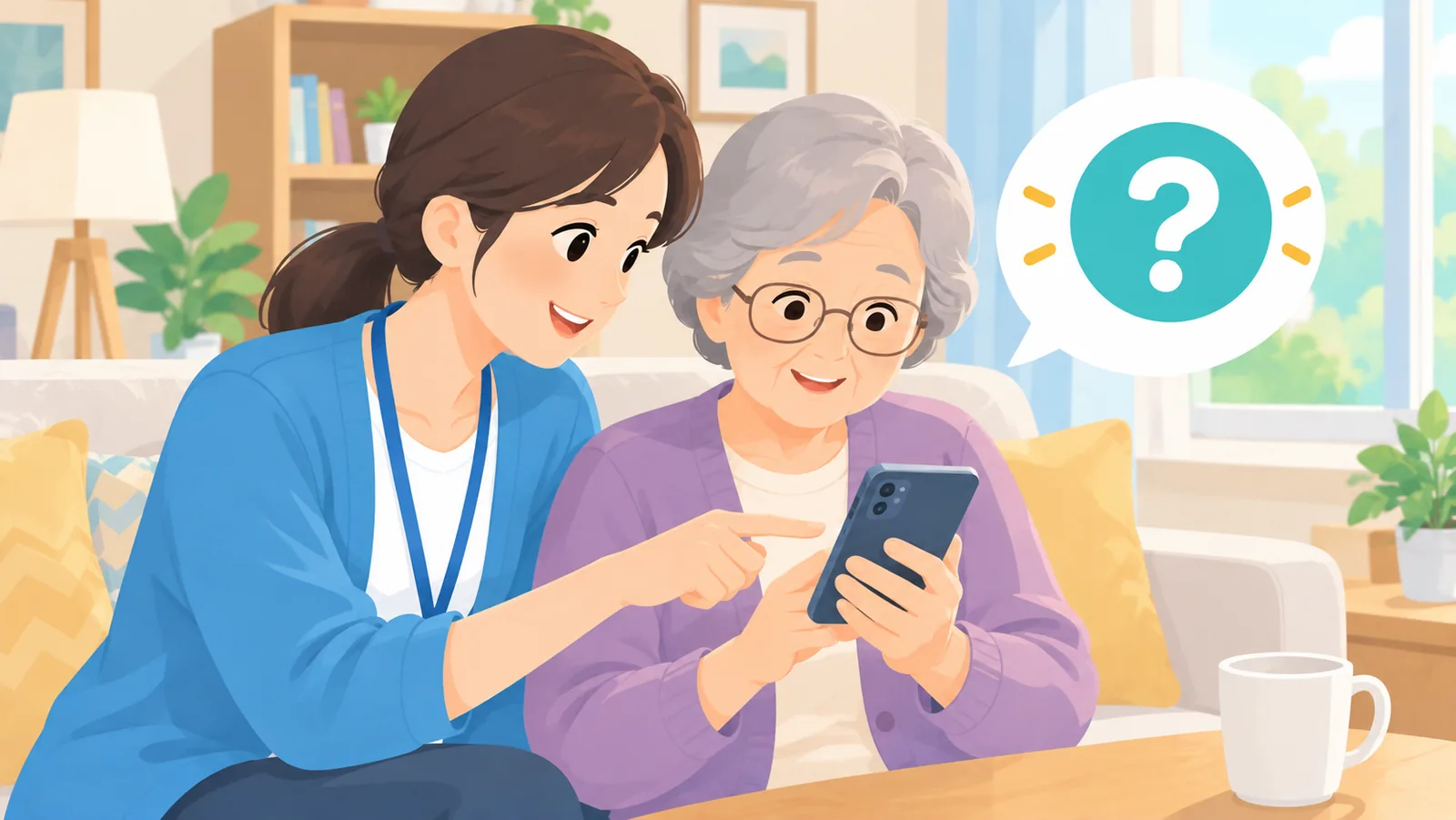 スマートフォンの画面を一緒に確認する高齢者と若い支援者
