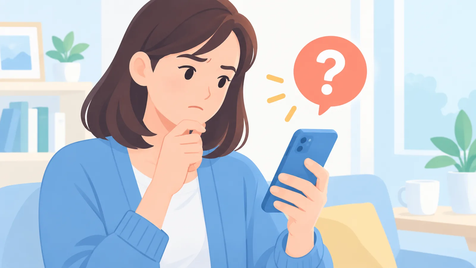 疑問を持ちながらスマートフォンを見る人物