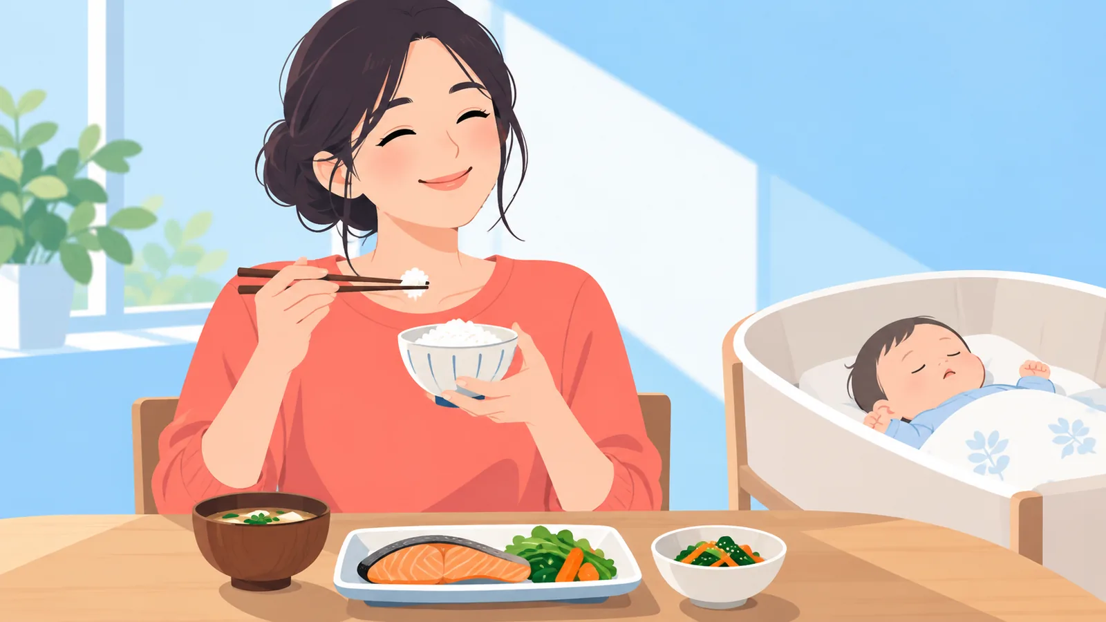 授乳中の母親がバランスの良い食事を前に微笑む様子