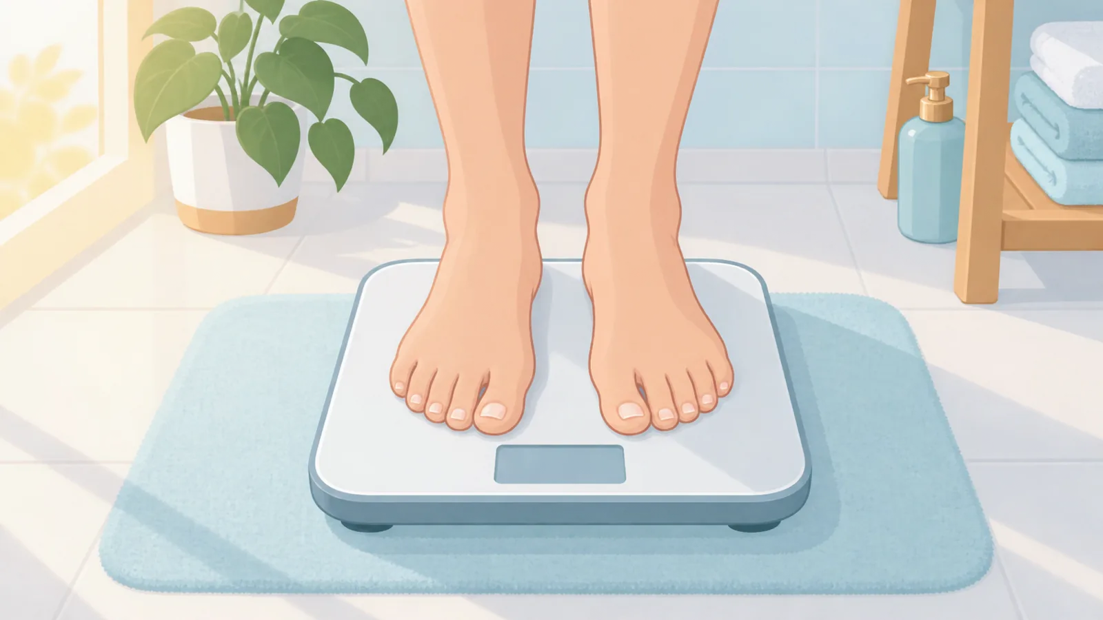 体重計に乗る産後の女性の足元