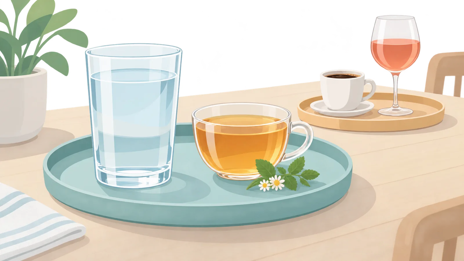 コーヒーとアルコールを控えめに示す食卓の写真