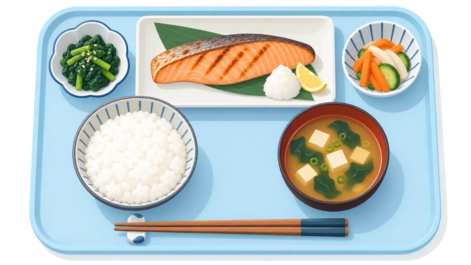 一汁三菜の和食メニューが並ぶ食卓