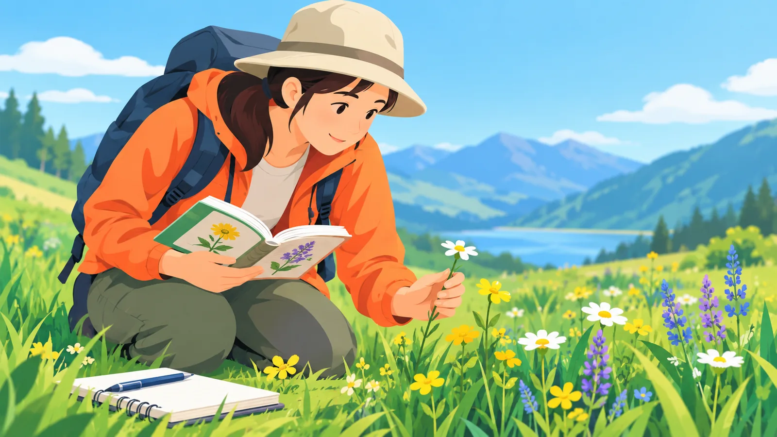 野原で草花を観察しながら図鑑とノートを広げる人