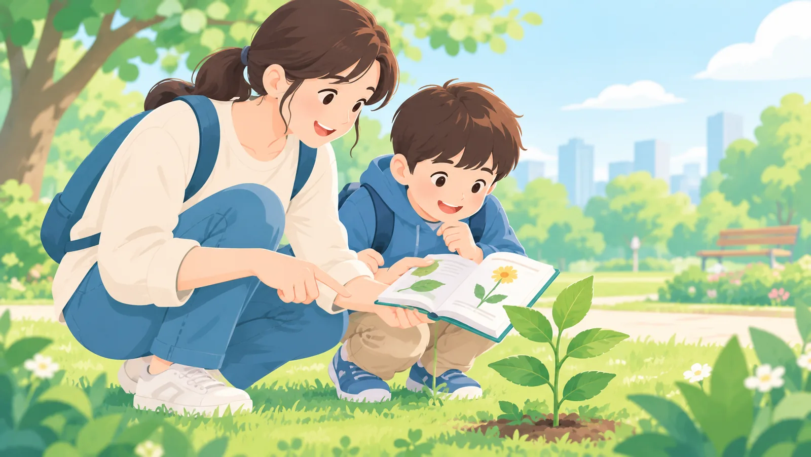 公園で親子が一緒に植物を観察する様子
