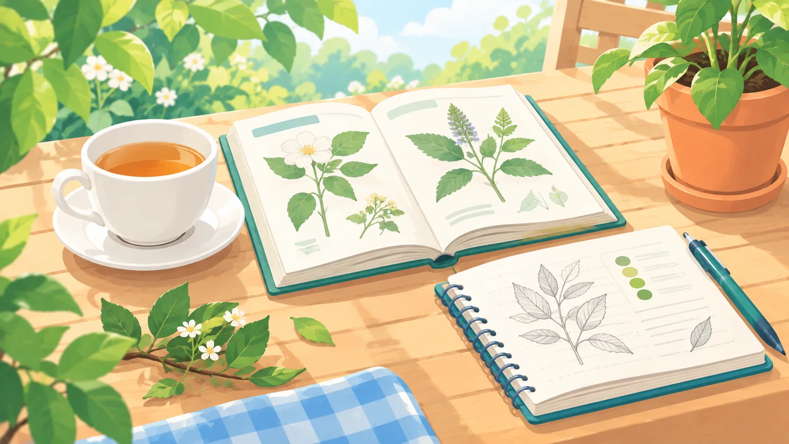 庭のテーブルに置かれた図鑑とノートとお茶