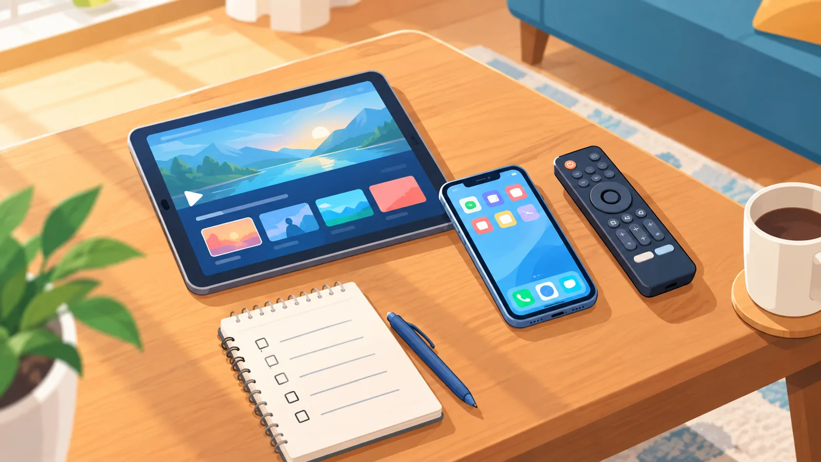 タブレットやスマートフォン、リモコンとメモが置かれたリビングのテーブル