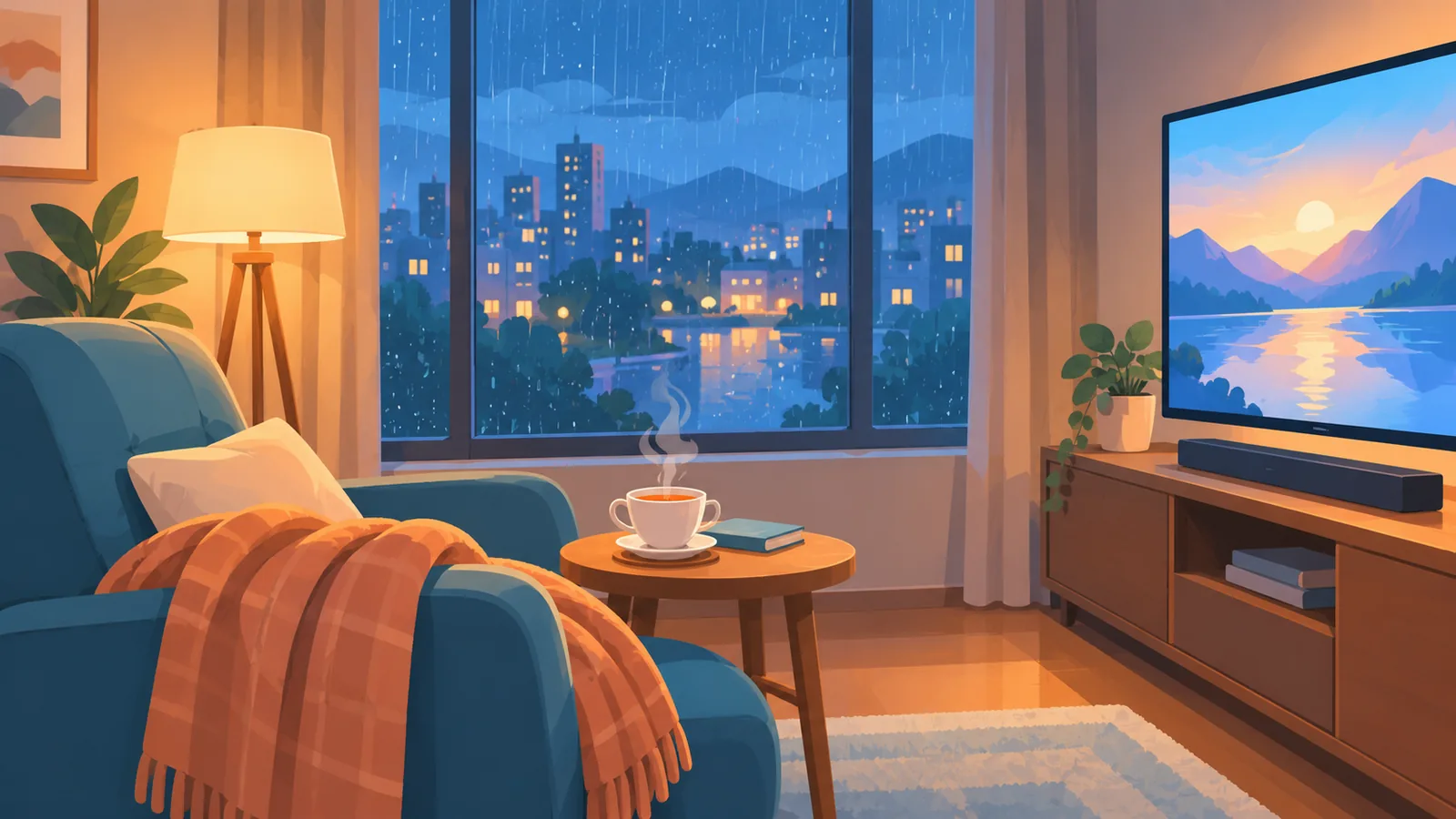 雨の夜にテレビの光が灯る落ち着いた部屋とお茶とブランケット
