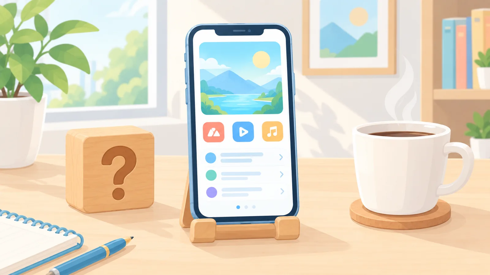 スマートフォンスタンドと疑問符のブロックが置かれた机