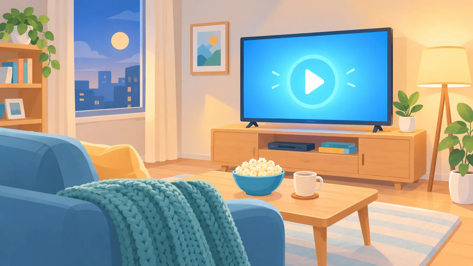 再生アイコンが光るテレビの前のくつろげるソファとポップコーン
