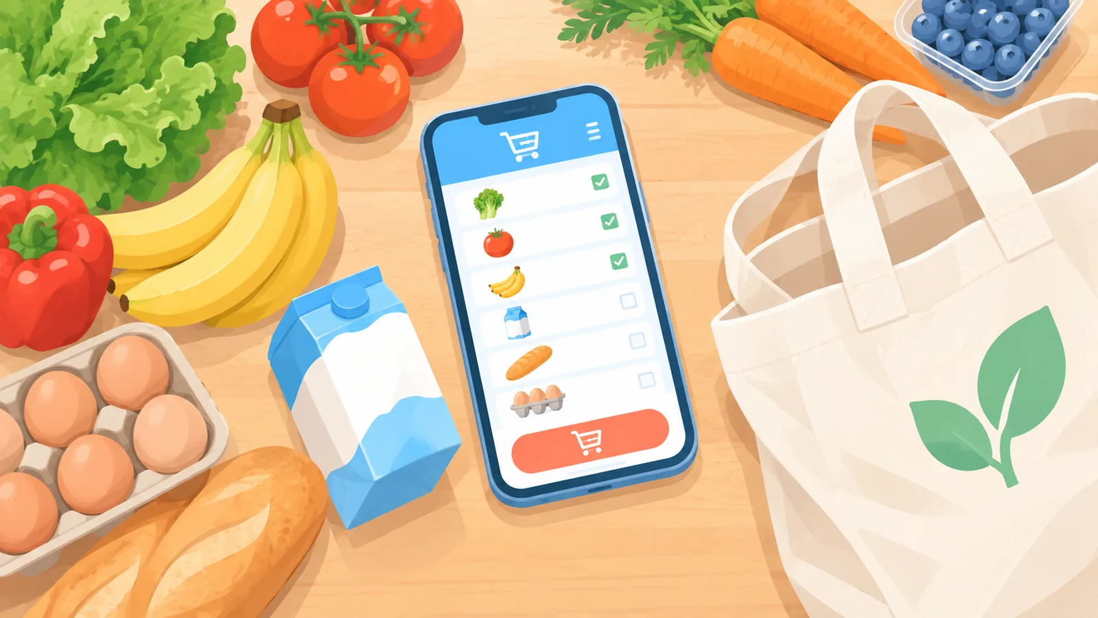 買い物リストアプリと食料品のフラットレイ