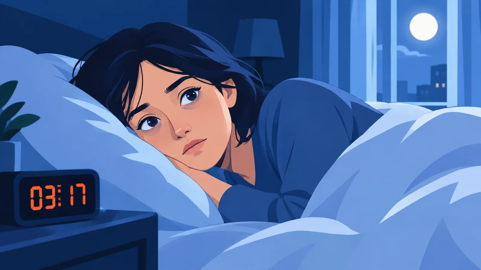 夜、眠れずベッドで横になっている人物