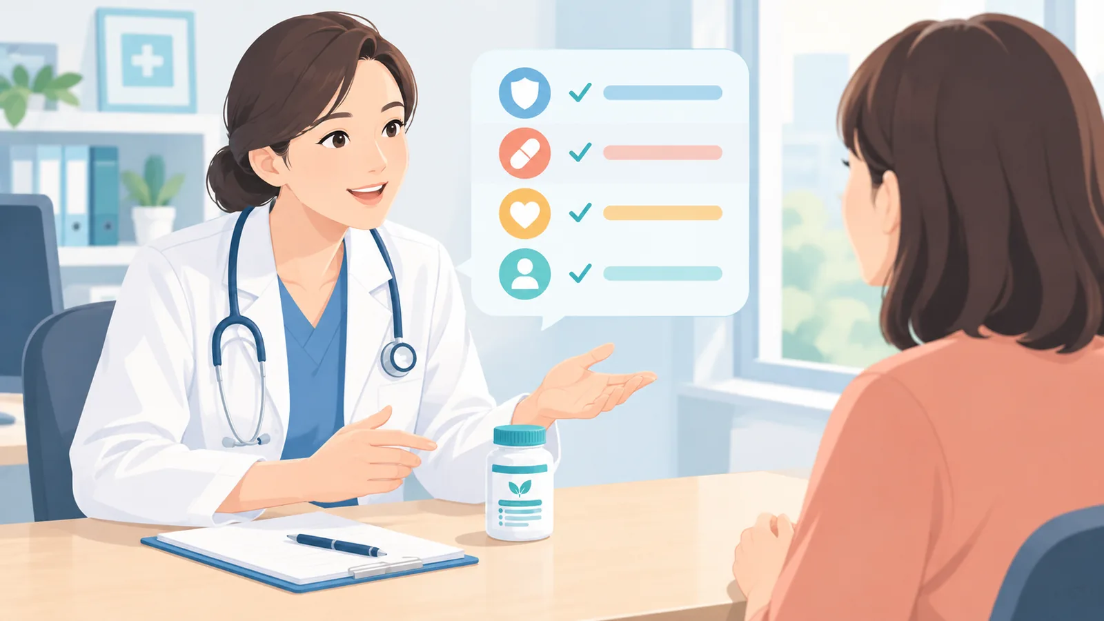 医師にサプリメントについて相談している様子