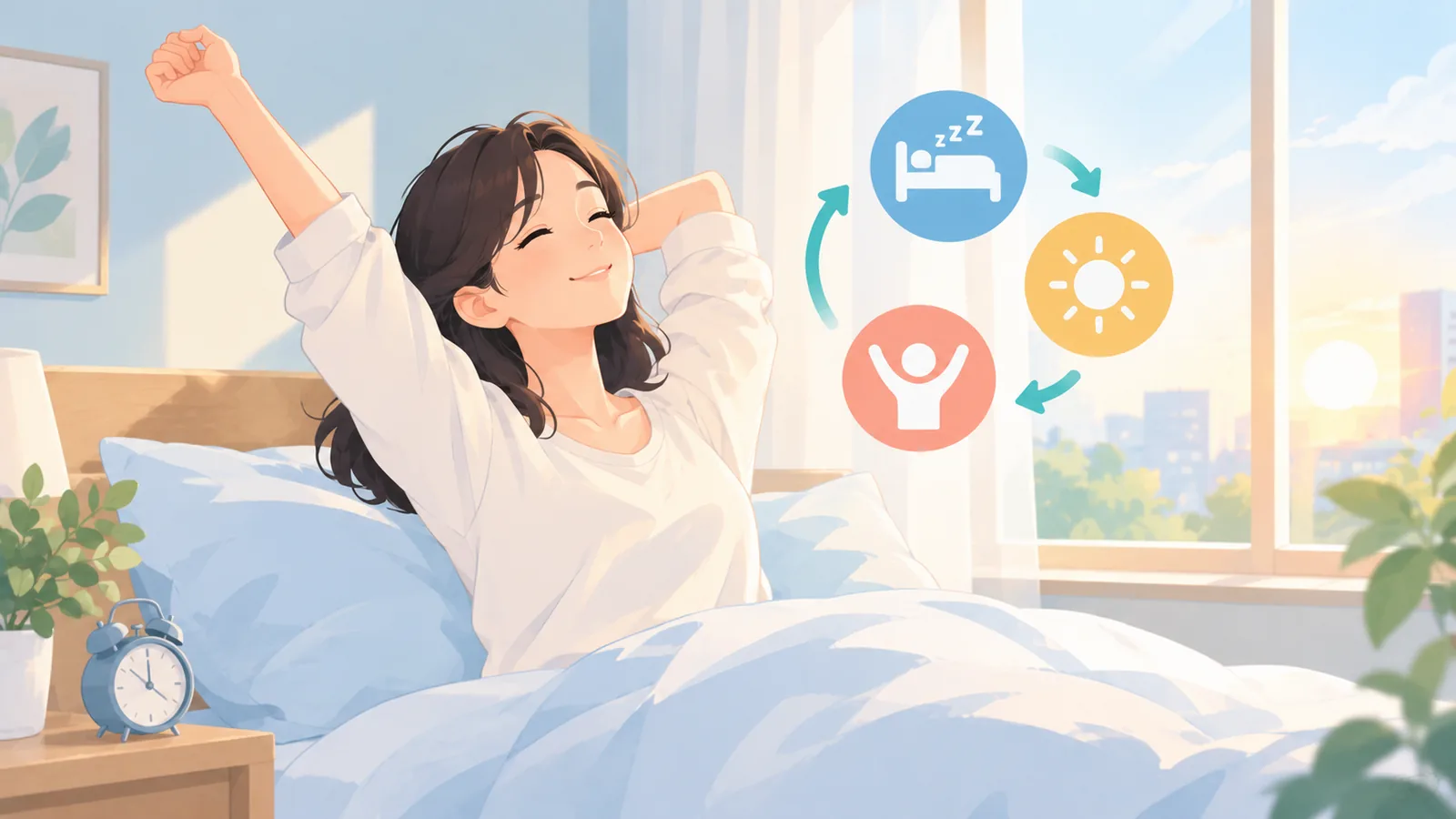 朝の光の中で気持ちよく目覚める人物