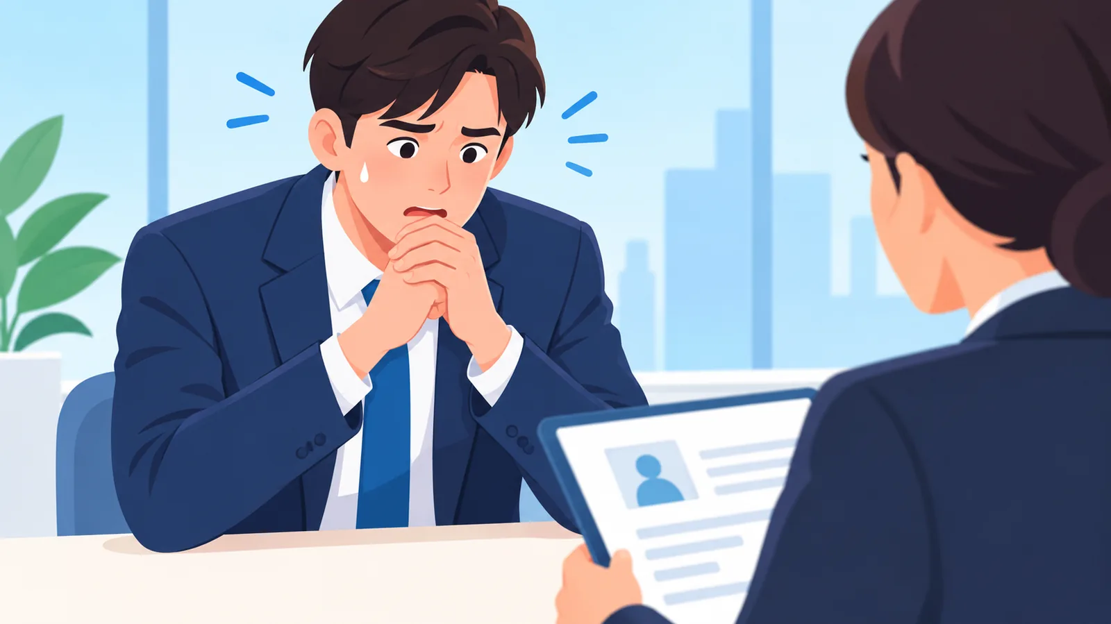 면접에서 연봉 이야기를 앞두고 긴장한 구직자