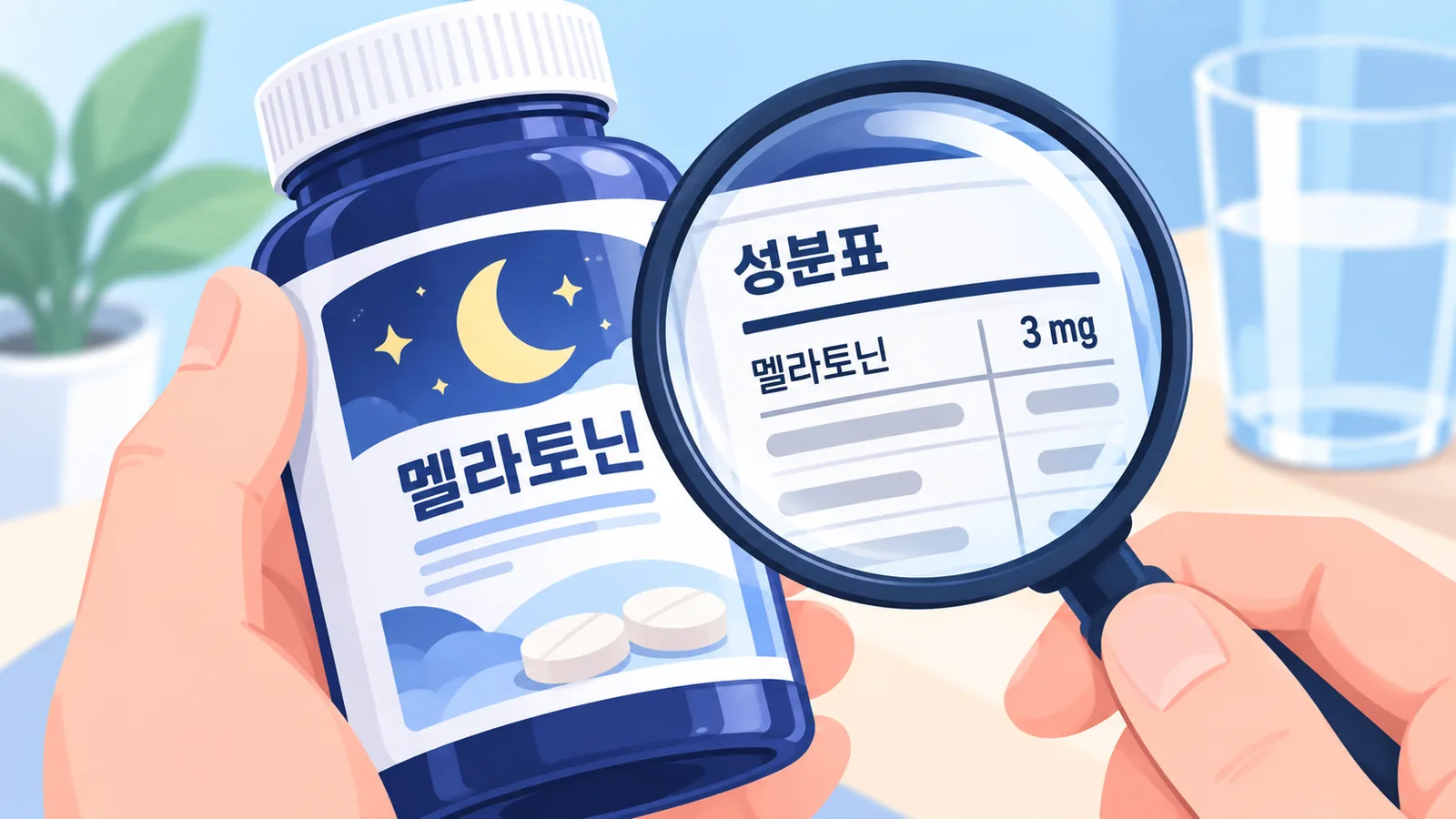 멜라토닌 제품 라벨과 성분표를 확인하는 손