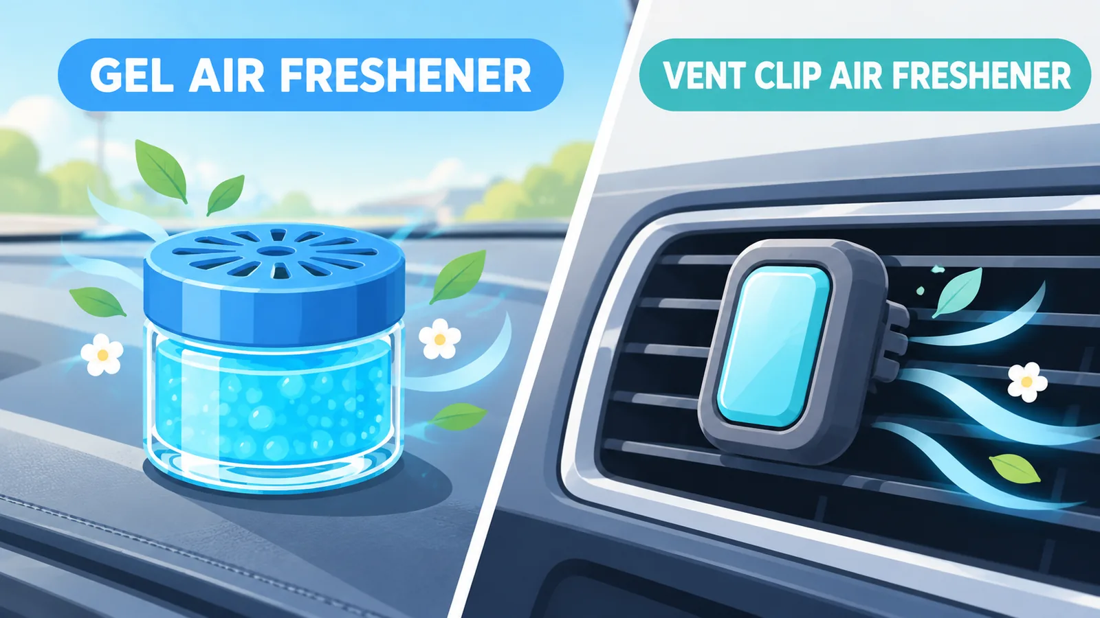 Perbandingan penyegar gel dan vent clip