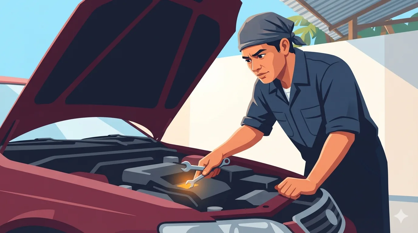 Mekanik memeriksa ruang enjin kereta di bengkel pada waktu siang