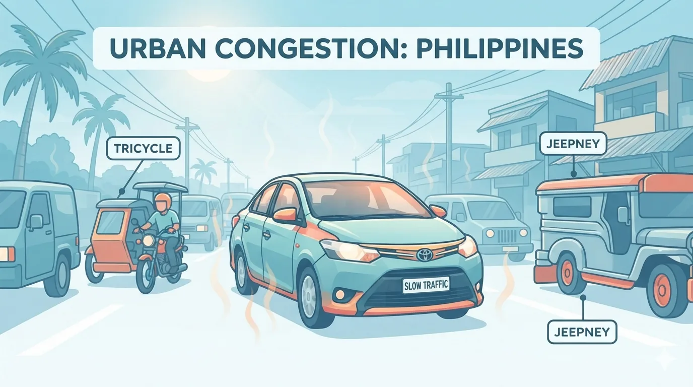 Kereta harian di jalan bandar yang sesak dengan cahaya matahari tropika