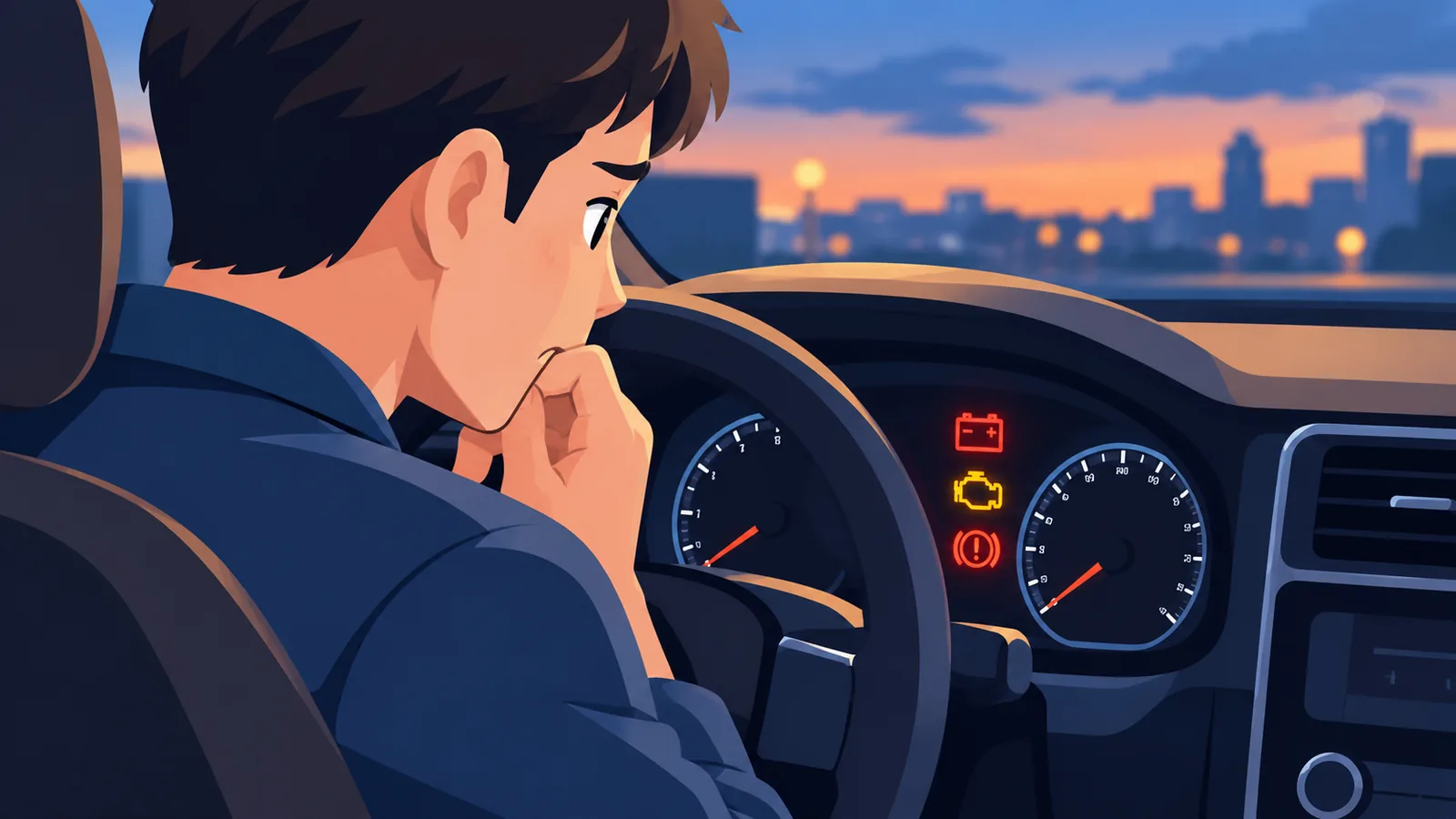 Pemandu memerhati lampu dashboard yang suram sebelum menyemak bateri