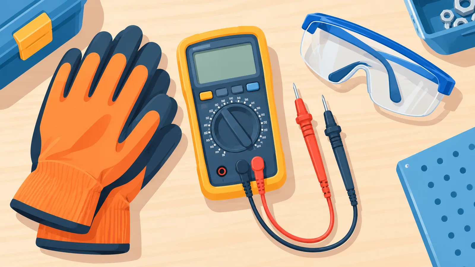 Multimeter digital, sarung tangan dan cermin mata keselamatan di meja kerja
