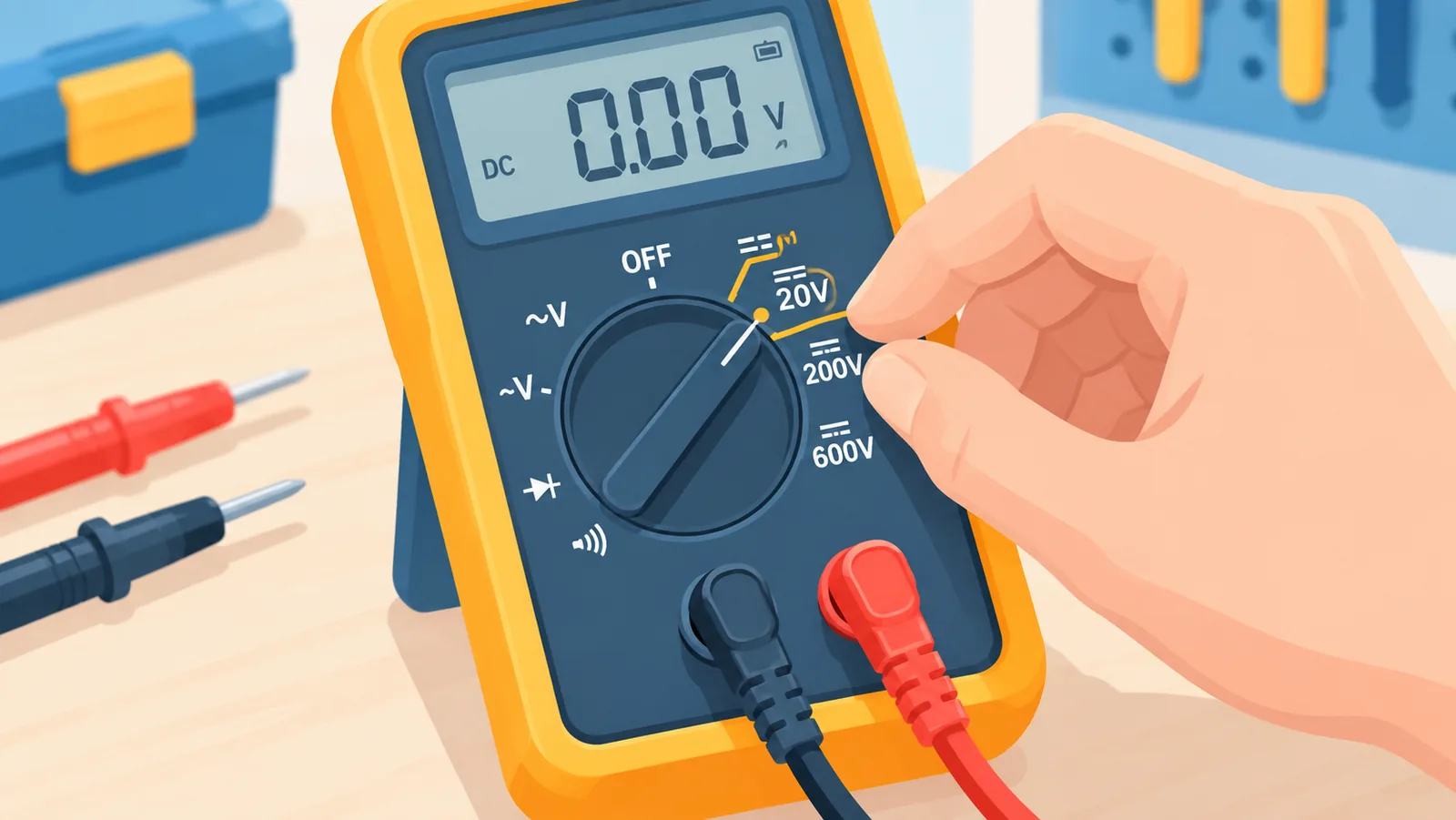 Tangan memutar dail multimeter ke tetapan voltan DC 20V