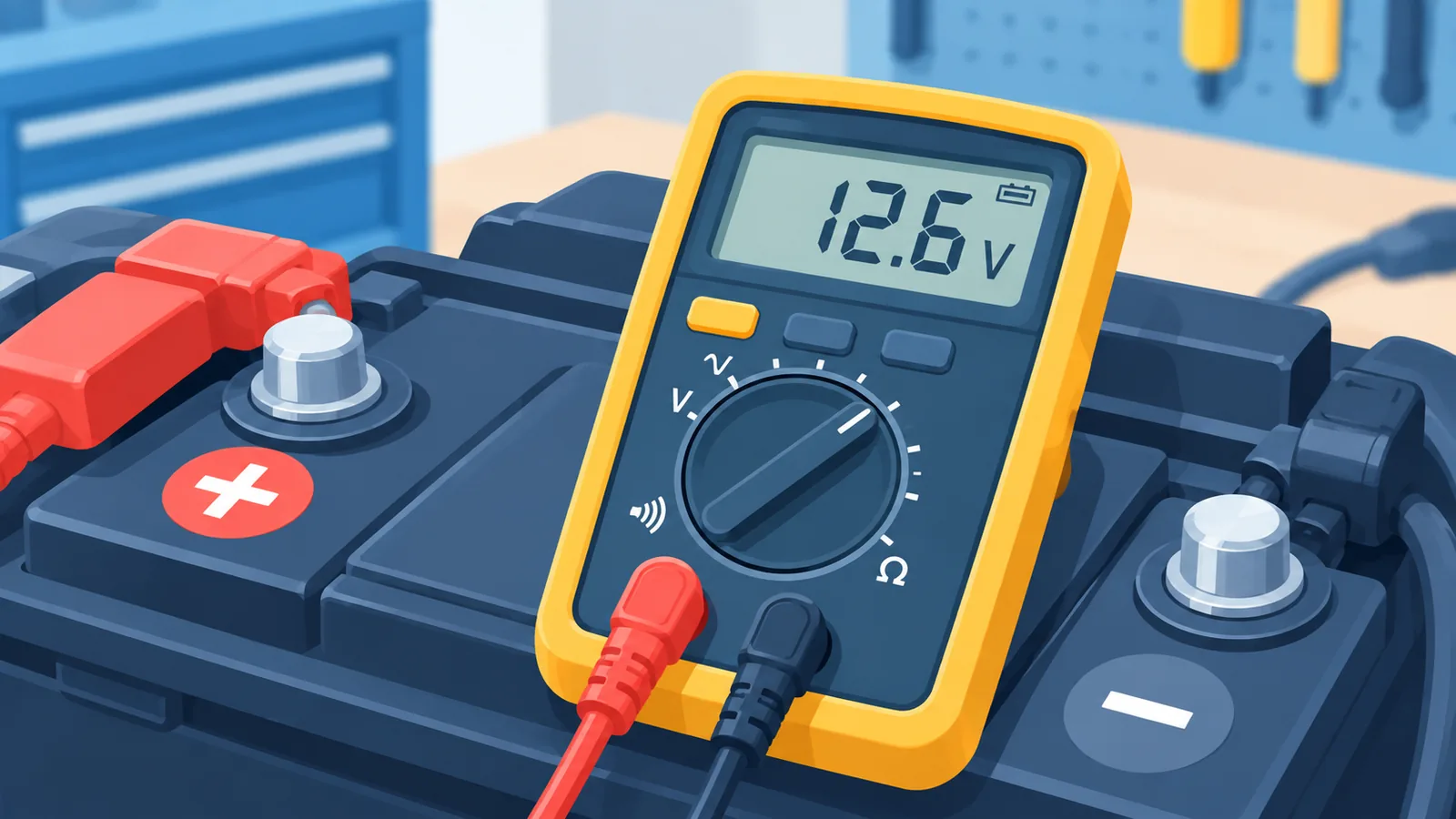 Paparan multimeter menunjukkan bacaan sekitar 12.6V
