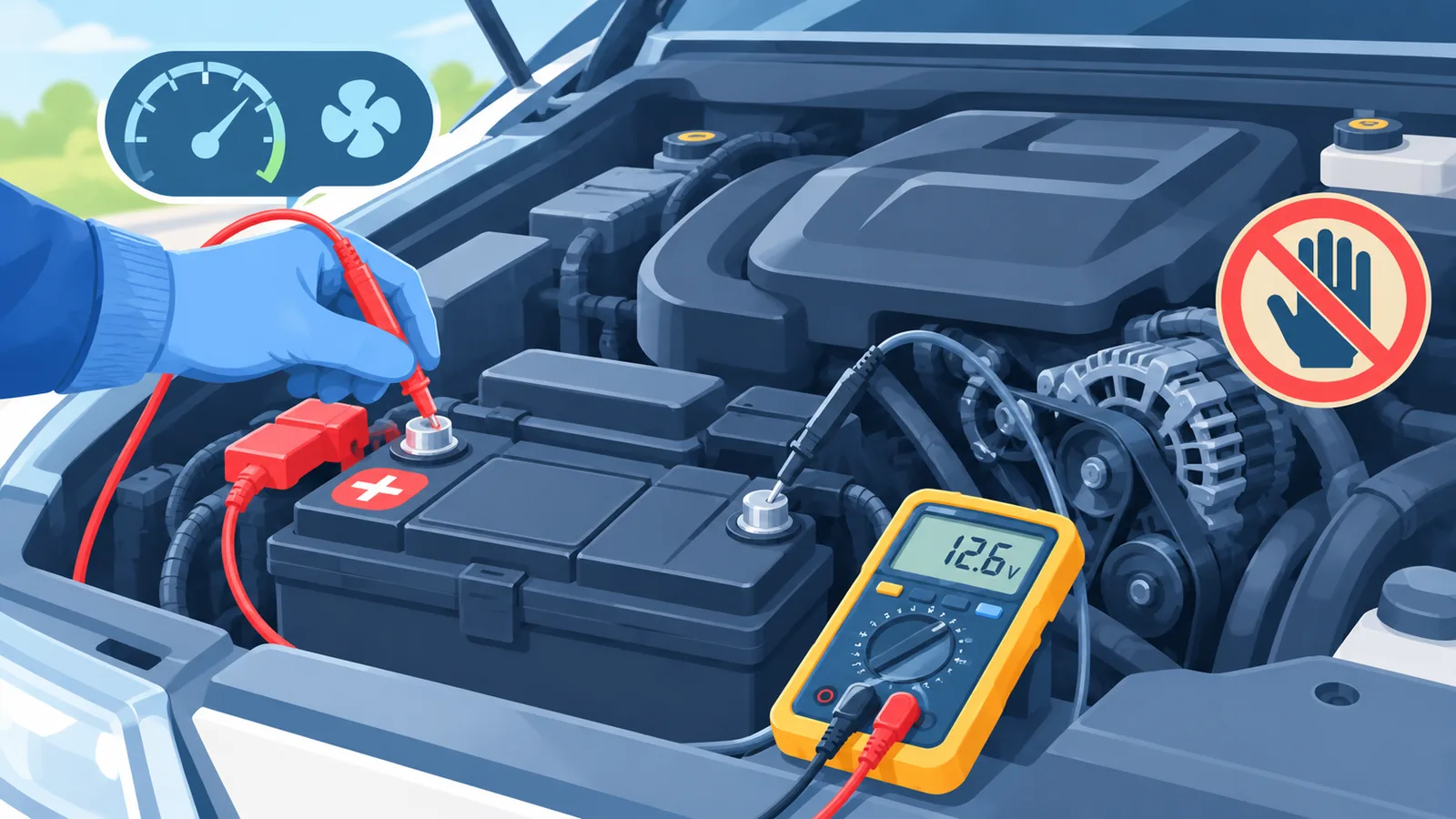 Mengukur voltan bateri semasa enjin hidup untuk menyemak alternator