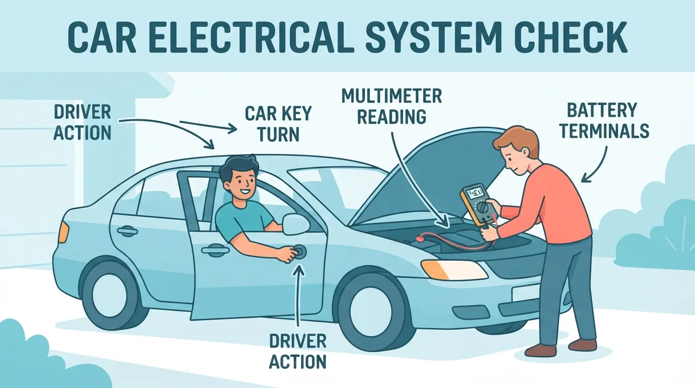 Seorang memulas kunci sementara seorang lagi memerhati multimeter semasa ujian cranking