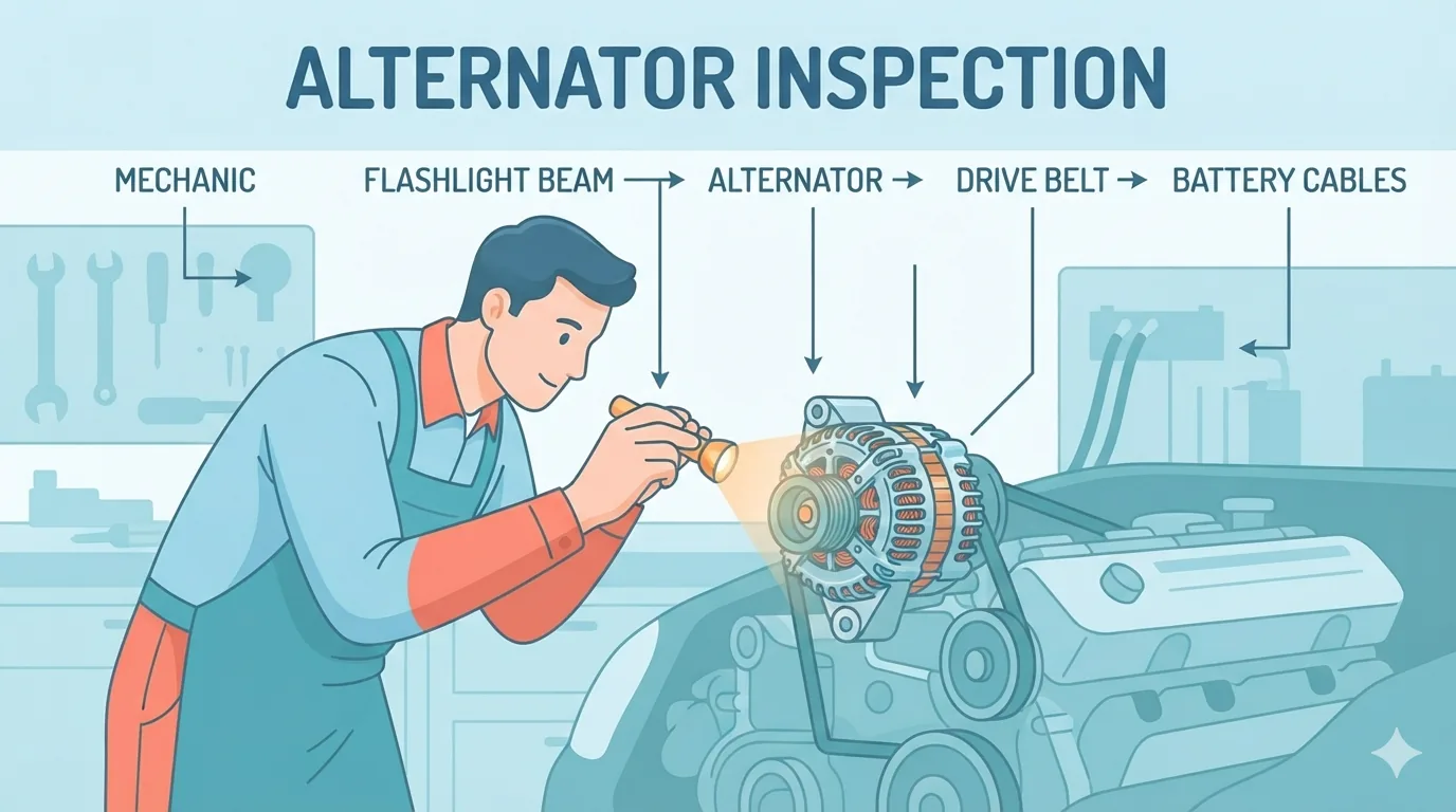 Mekanik memeriksa alternator kereta di bengkel