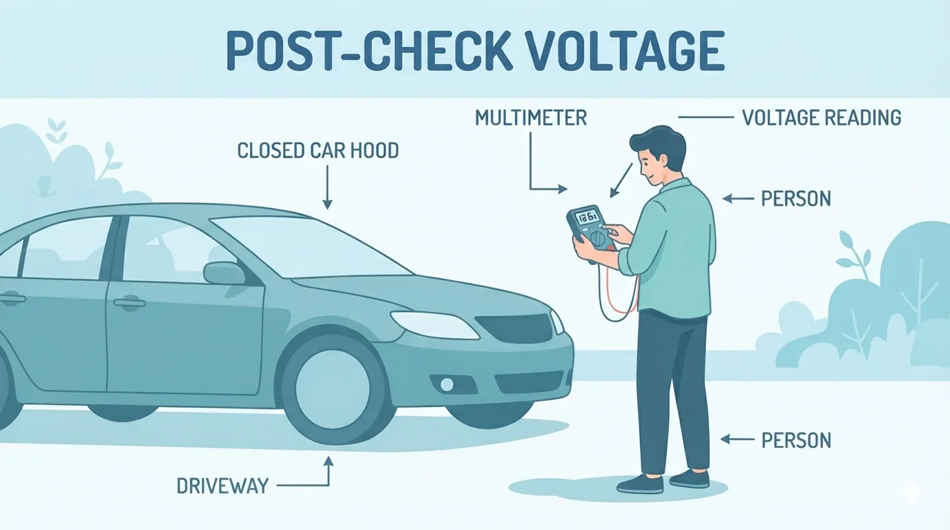 Pemilik kereta memegang multimeter selepas selesai menyemak bateri