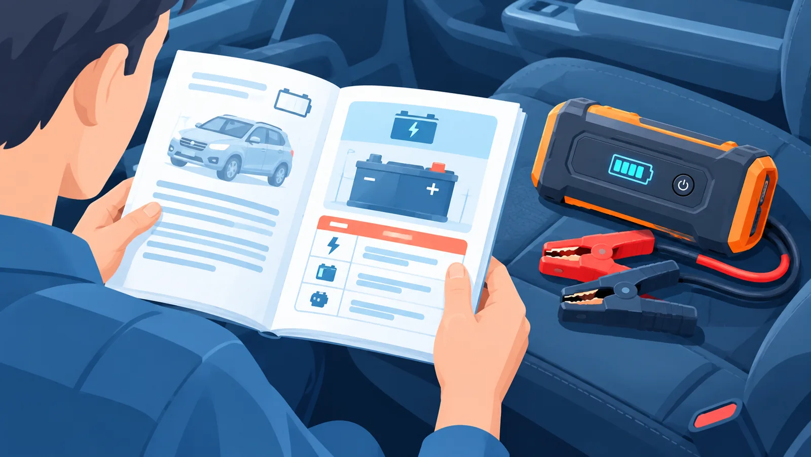 Menyemak manual kereta untuk spesifikasi bateri sebelum membeli jump starter