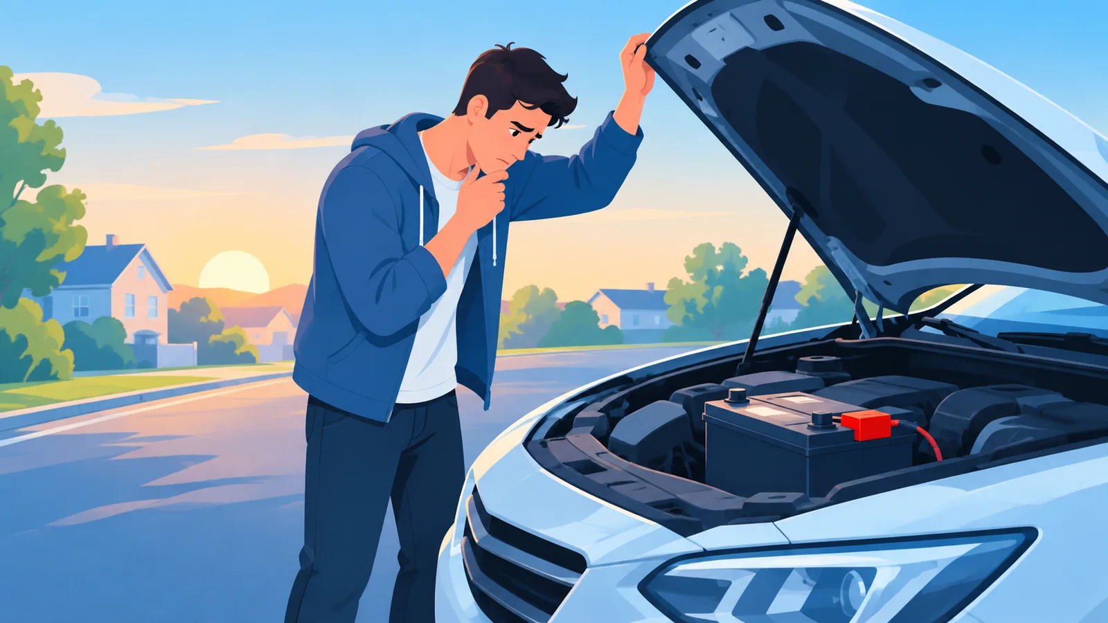 Pemandu memeriksa bateri kereta yang mati di tepi jalan