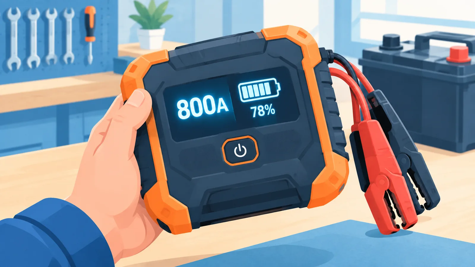 Paparan skrin jump starter menunjukkan bacaan amp