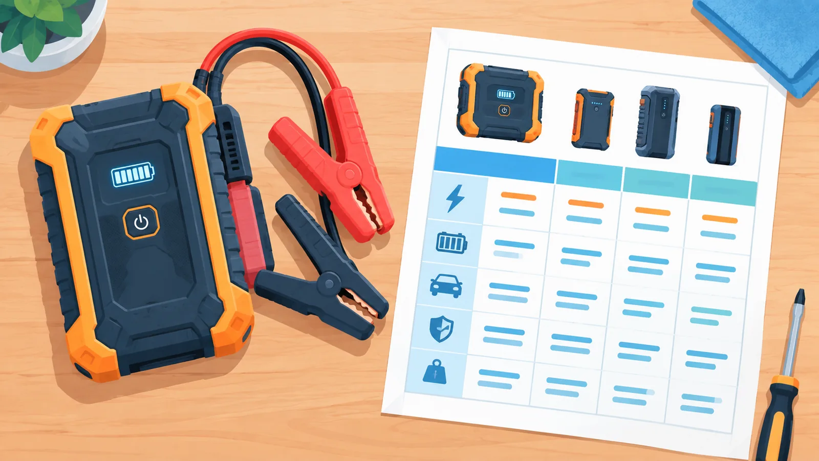 Jadual spesifikasi jump starter di atas meja bengkel