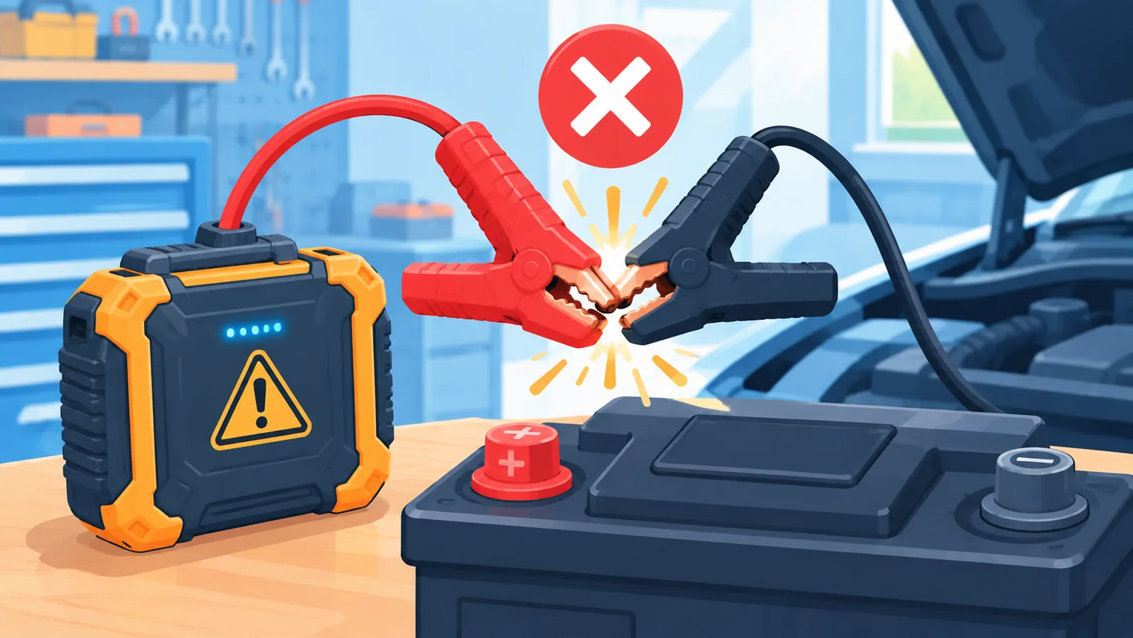Kesilapan biasa semasa menyambung jump starter ditunjukkan dengan tanda amaran