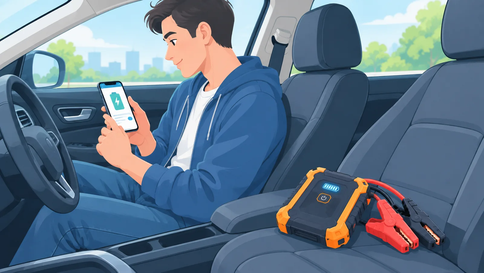 Pengguna membaca panduan soalan lazim jump starter di telefon