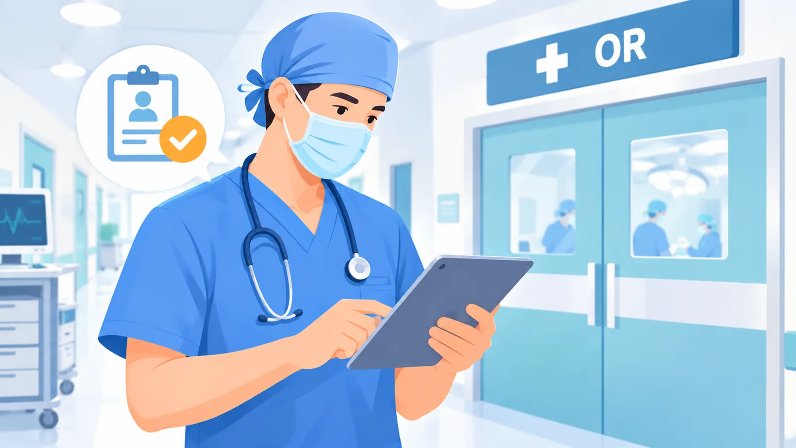 Pakar bedah menyemak maklumat di hospital