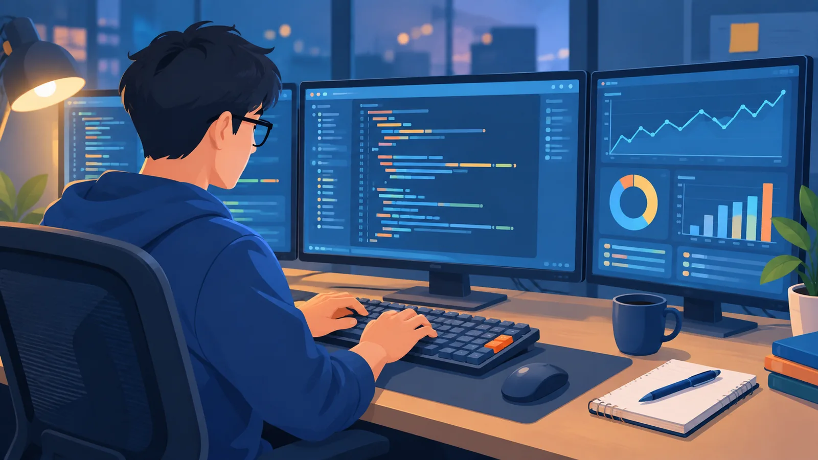 Jurutera perisian bekerja dengan pelbagai monitor
