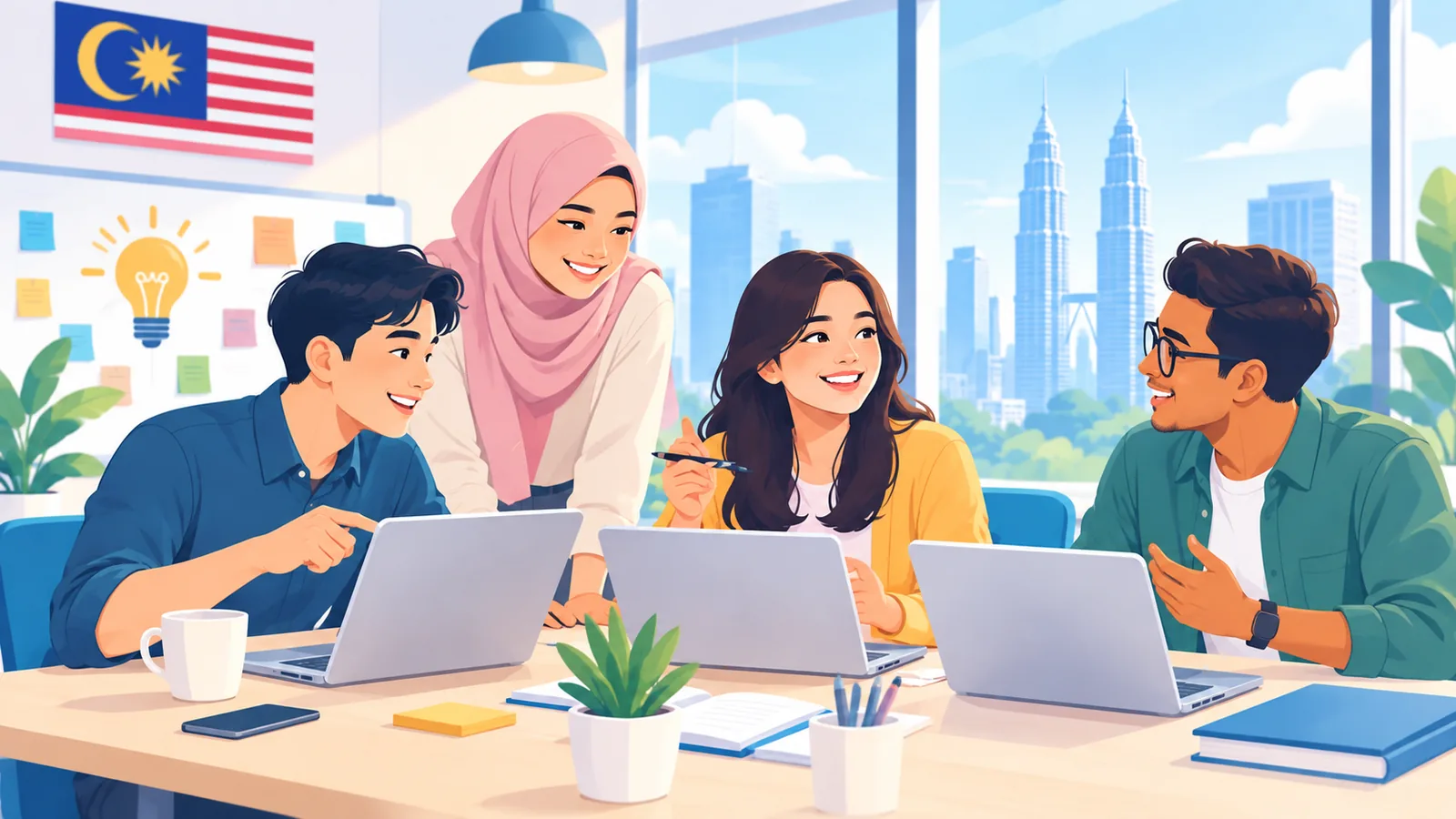 Pekerja muda Malaysia bekerjasama di pejabat moden