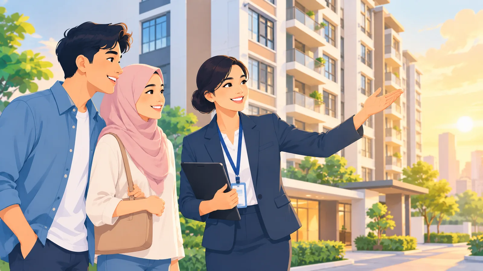 Ejen hartanah menunjukkan rumah kepada pasangan muda