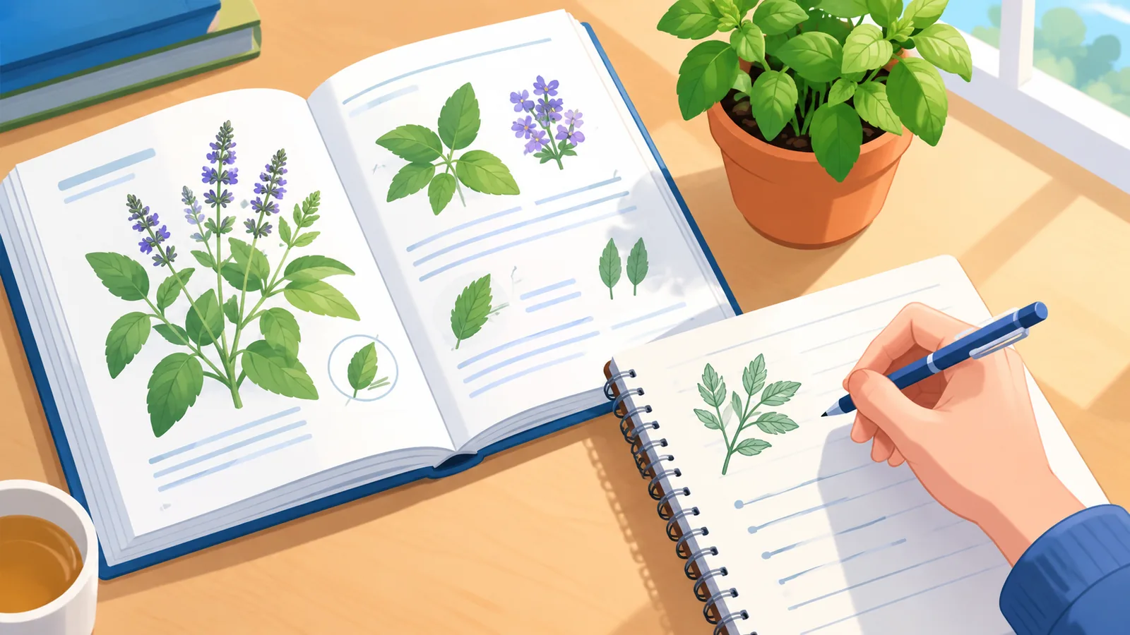 Meja belajar dengan buku botani, buku nota dan pasu herba kecil