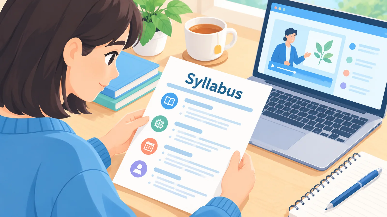 Pelajar menyemak silibus kursus di meja bersama komputer riba