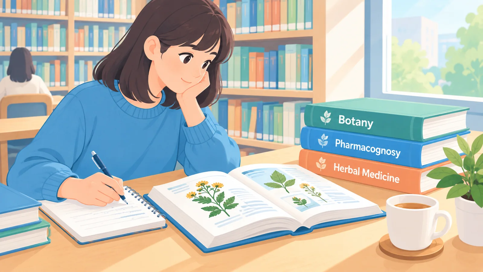 Seseorang mencatat nota sambil membaca buku rujukan di perpustakaan